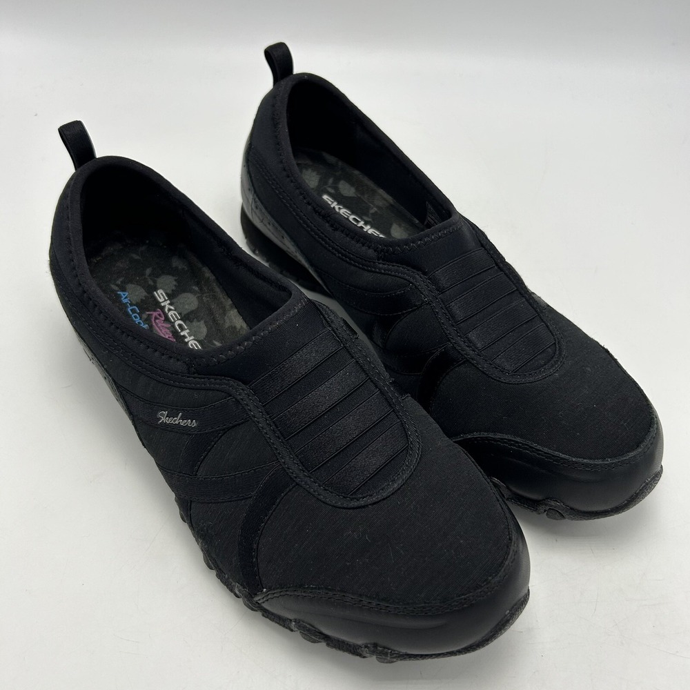 Skechers Sneakers Womans 7.5 Black Bikers Satin Relaxed Fit Slip-On Shoes Memory